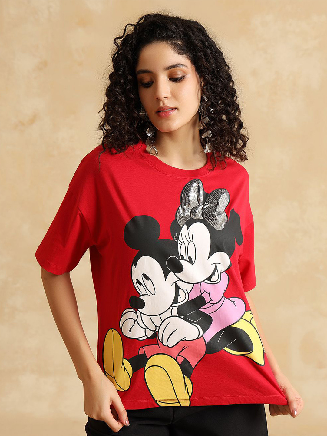 Kazo Women Mickey & Minnie Graphic Printed Round Neck Cotton Relaxed Fit T-shirt