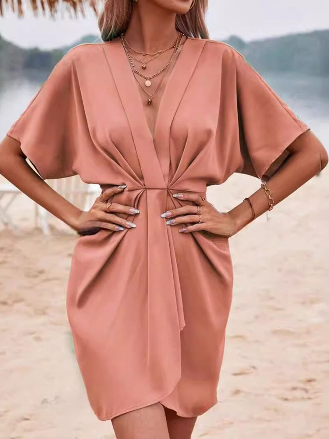 StyleCast Women Rust Solid Short Sleeve Kaftan Dress