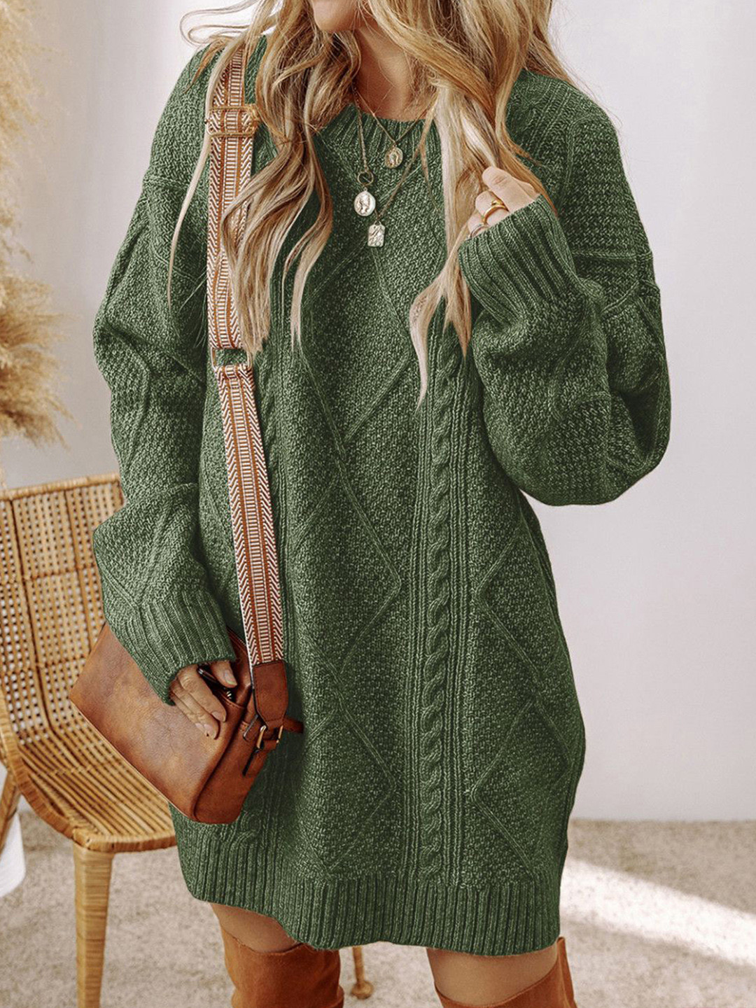 StyleCast Women Self Design Round Neck Long Sleeves A-Line Mini Dress