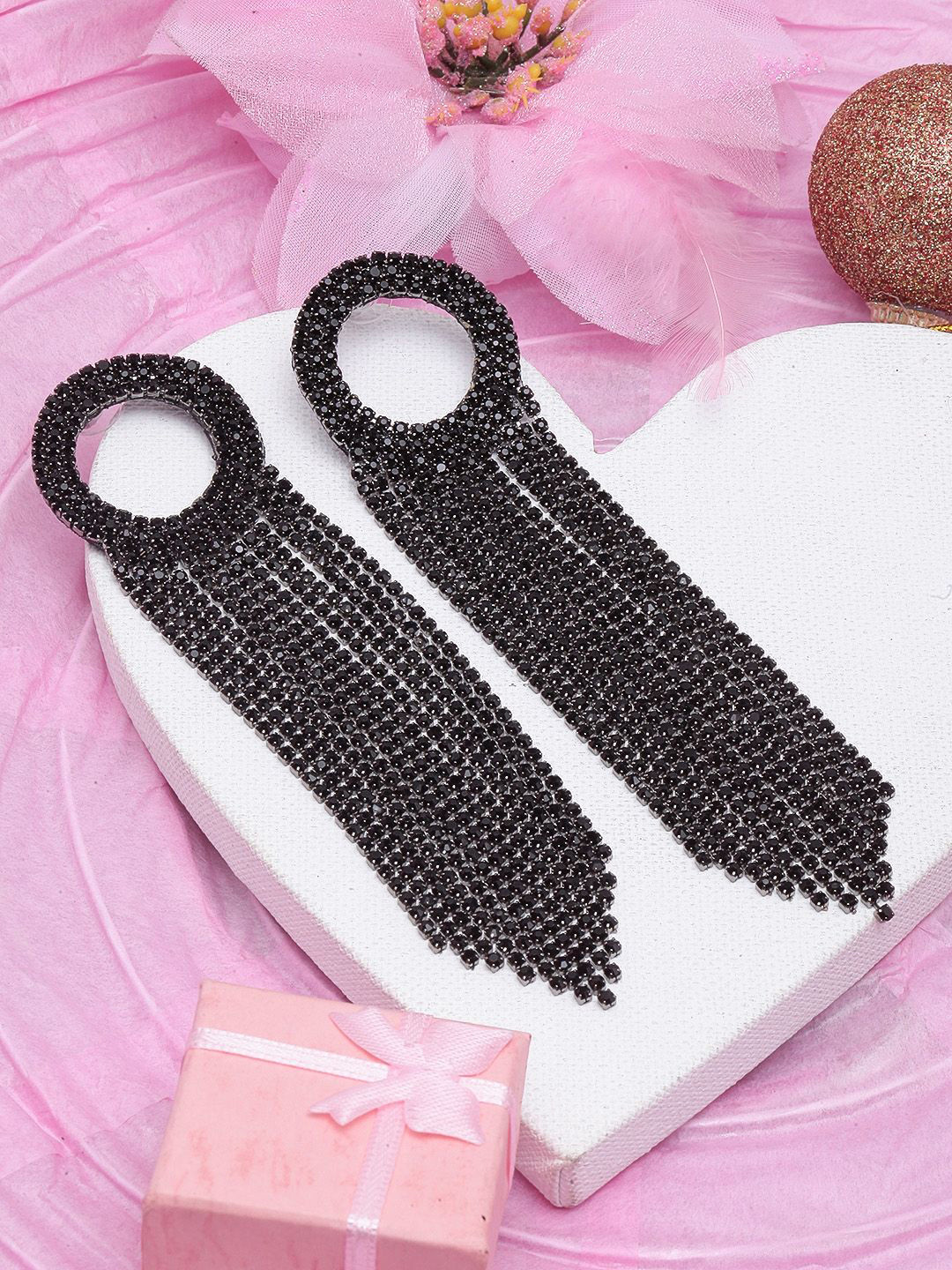 KPOP Black-Plated Rhinestone Studded Metallic Tassels Drop Earrings
