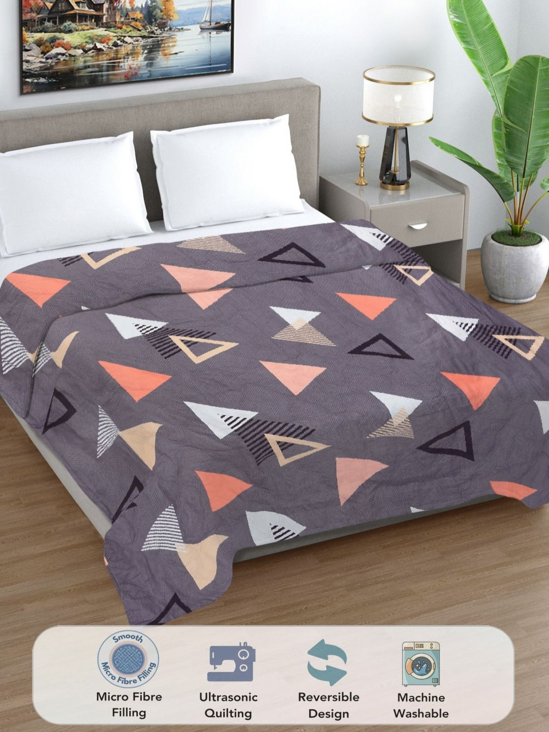 Myntra Elegant Homes Grey Geometric Printed Reversible ACRoom 350 GSM Double Bed Comforter