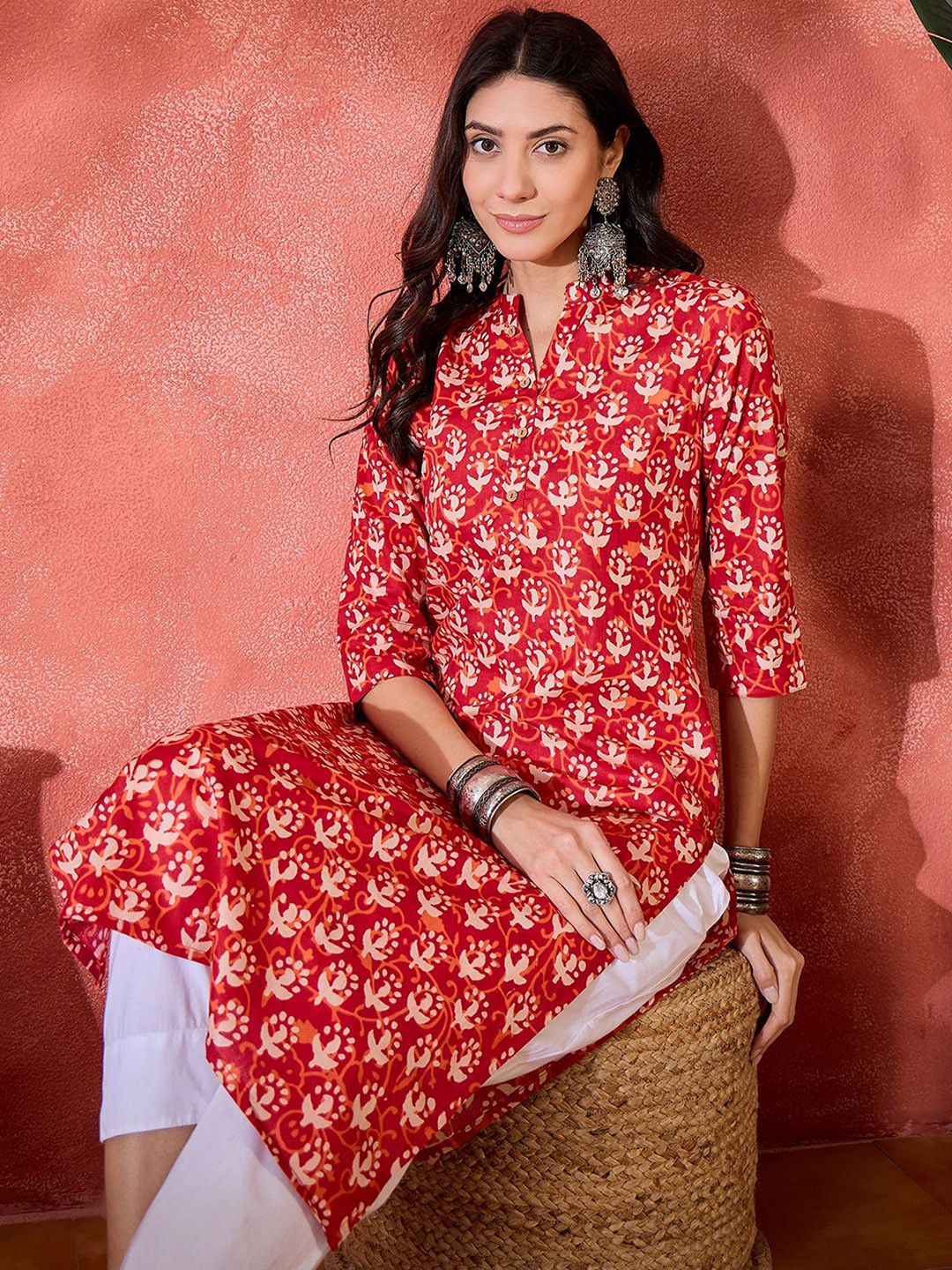 Sangria Floral Printed Mandarin Collar Cotton Straight Kurta