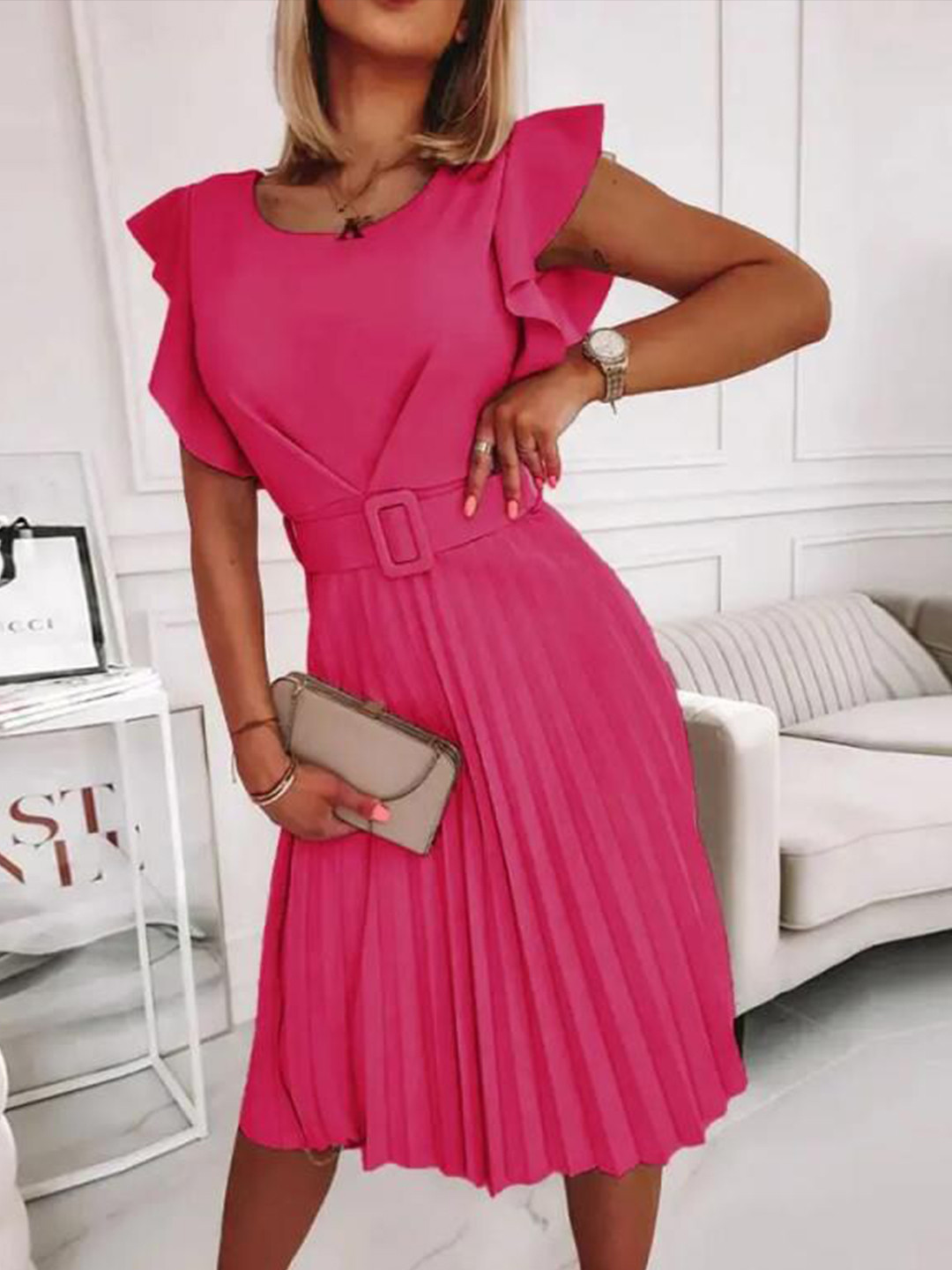 StyleCast Fuchsia Flutter Sleeve Accordion Pleats Fit & Flare Midi Dress With Belt