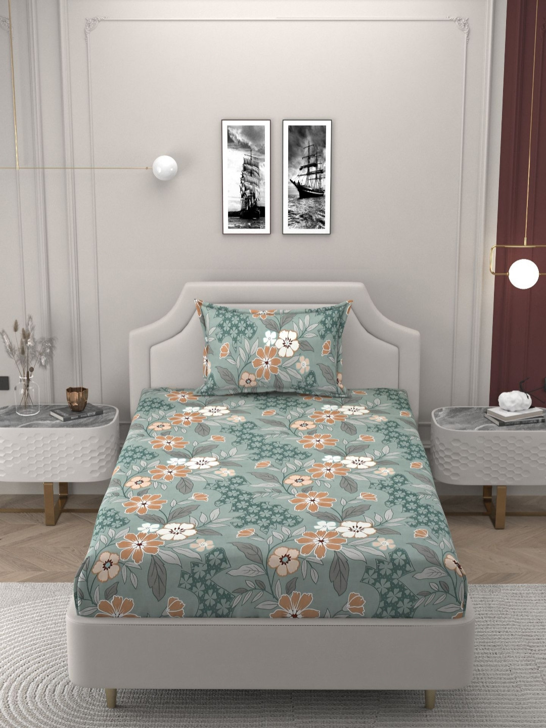Bromwick Coffee Brown Floral Microfiber 160 TC Single Superfine Bedsheet with a Pillow Cover-90 x 60 inches