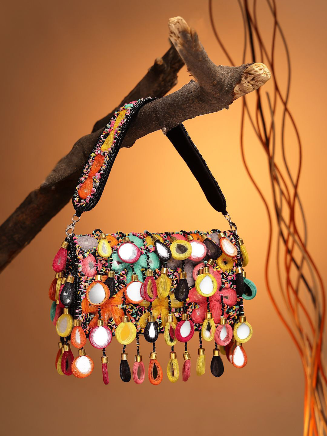 Anekaant Tipify Black & Multi Mirror Work Embellished Velvet Clutch