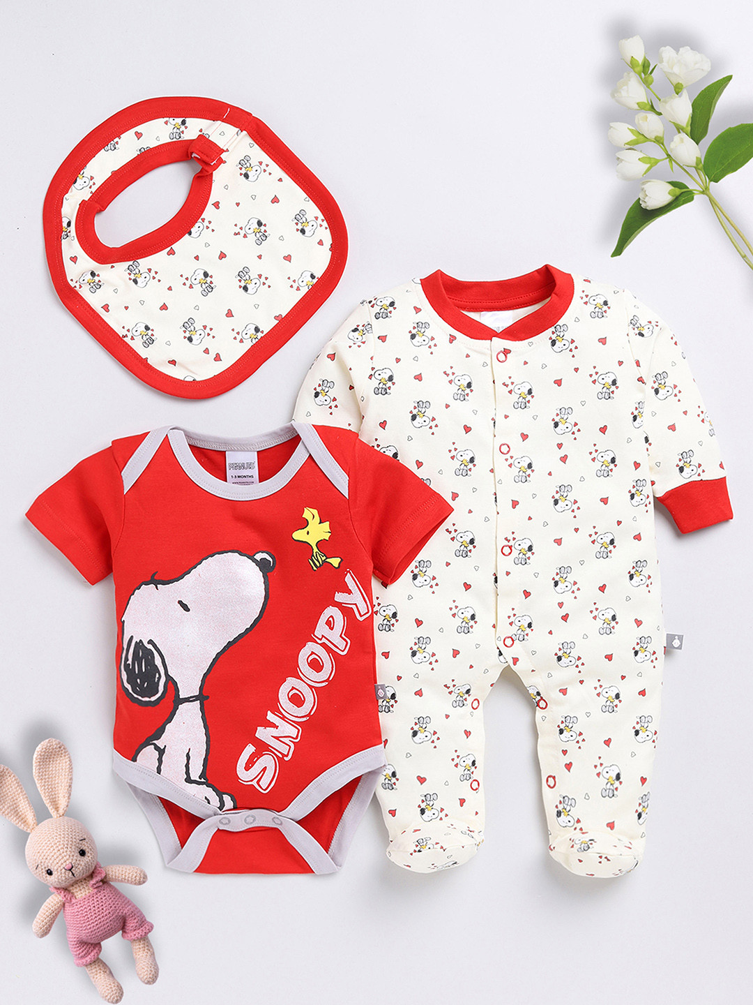 YK X Tinyo Infant Boys Snoopy Printed Pure Cotton Bodysuit with Printed Sleepsuit