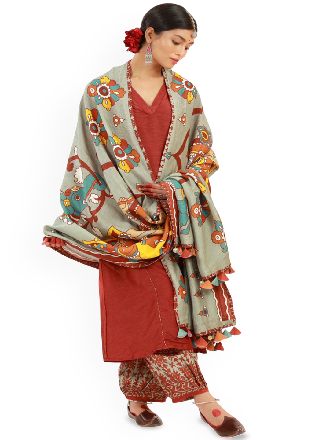 UDD Printed Linen V-Neck A-Line Kurta With Salwar And Dupatta