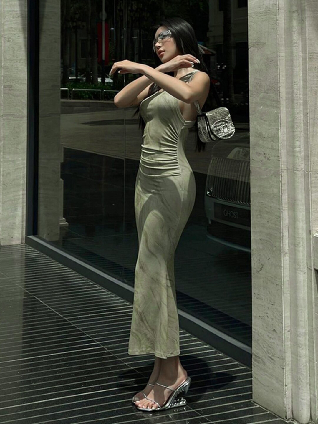 StyleCast Green Abstract Printed Bodycon Midi Dress