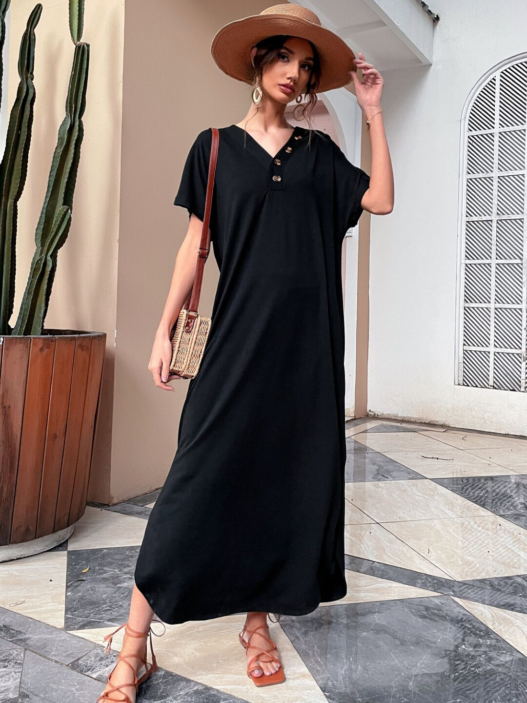 StyleCast Black Flared Sleeves Side Slit A-Line Maxi Dress