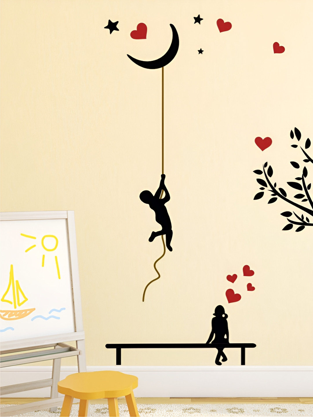 LANSTICK Black & Red Cute Boy & Girl Love Printed Self-Adhesive Wall Stickers