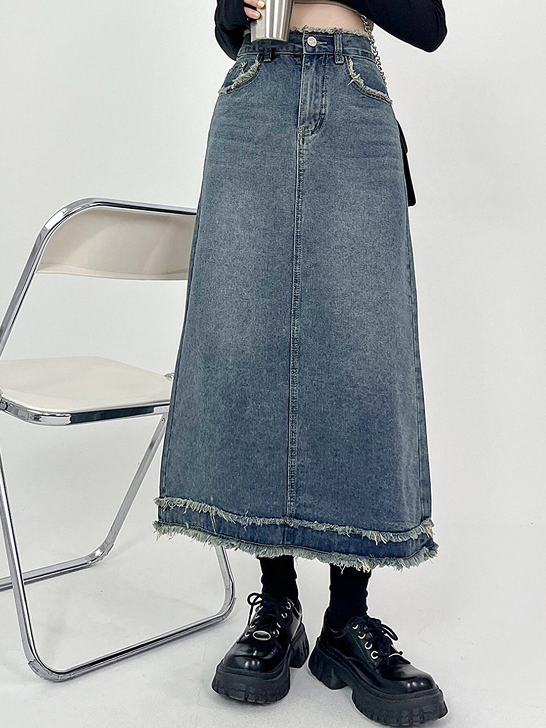 LULU & SKY Fringed Straight Midi Denim Skirt