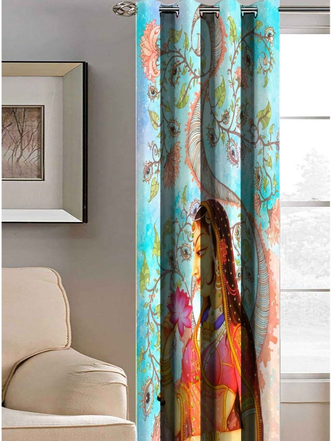 Aura Blue & Orange Ladies Printed Light Blocking Window Curtain
