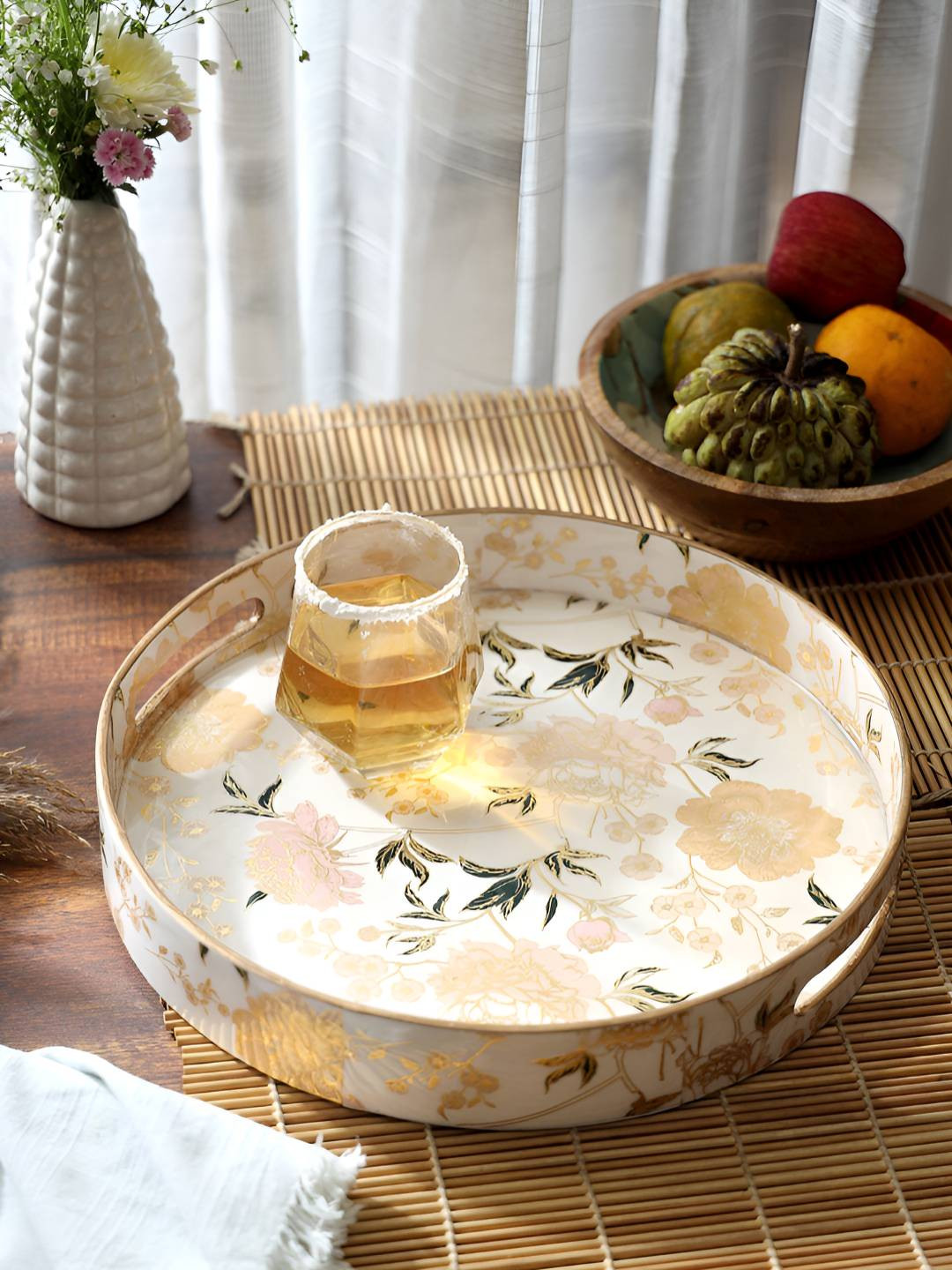 DULI White And Peach Floral Printed Easy To Clean Serving Tray
