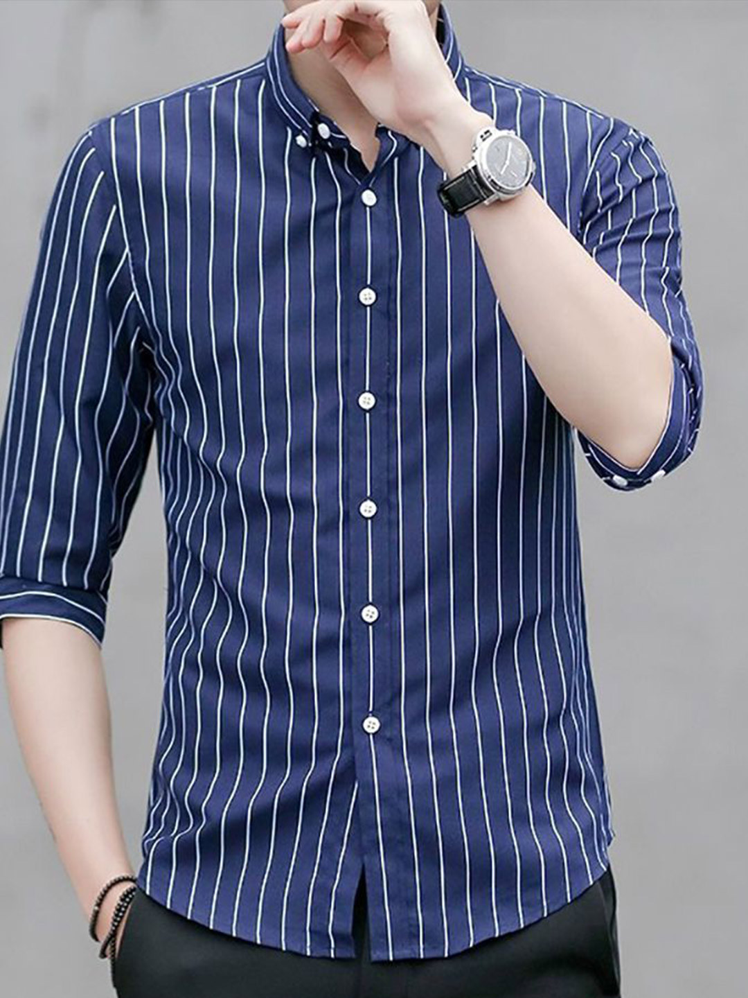 StyleCast x Revolte Men Navy Blue Striped Casual Regular Fit Shirt