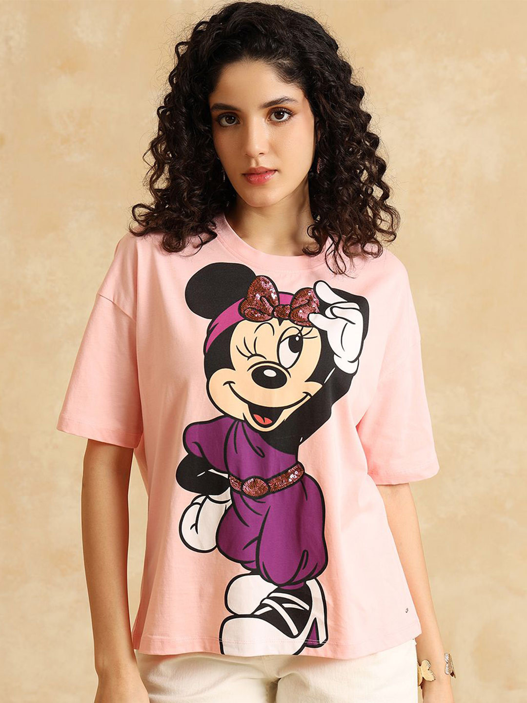 Kazo Women Mickey & Minnie Graphic Printed Round Neck Cotton Relaxed Fit T-shirt
