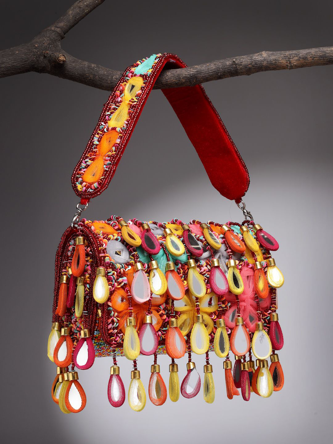 Anekaant Tipify Maroon & Multi Mirror Work Embellished Velvet Clutch