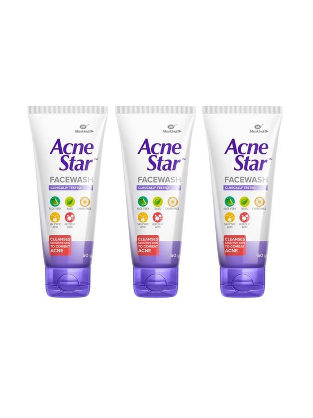 AcneStar Set Of 3 Anti Acne Face Wash With Aloe Vera & Basil - 50 g Each