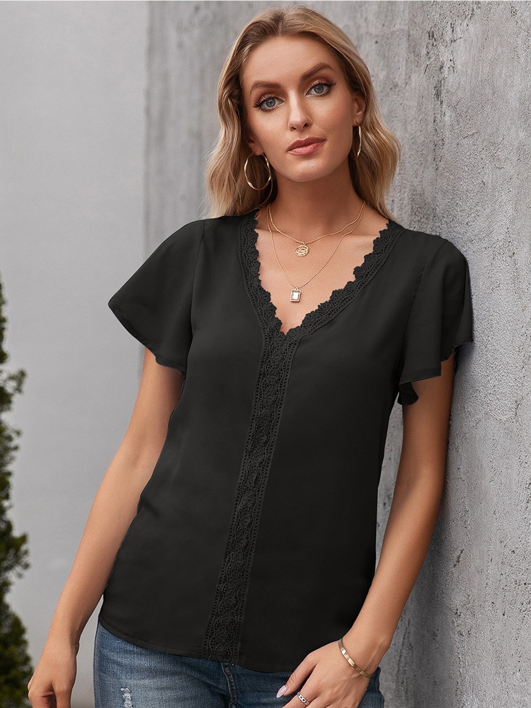 StyleCast Black Lace Inserted Monochrome Top