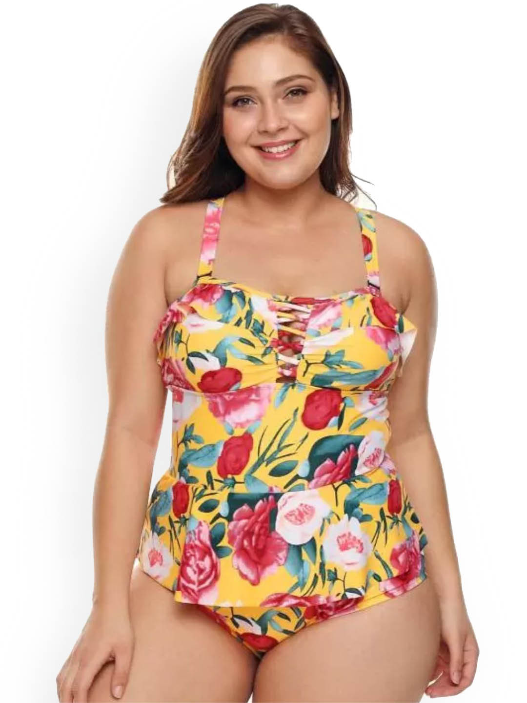 ANGEL CROSHET Plus Size Floral Printed Crisscross Detail One-Piece Swimwear