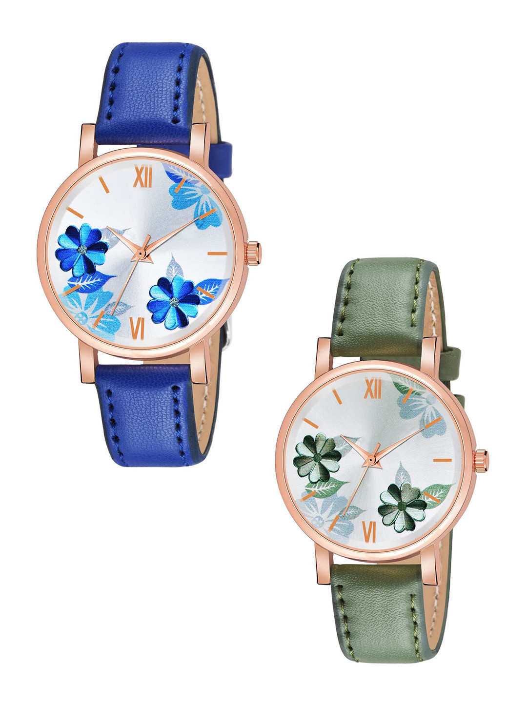 JUST LIKE Girls Pack Of 2 Printed Analogue Watch 81-flowers Green & Blue combo 2