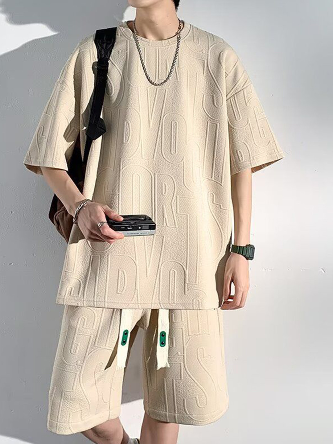 StyleCast Beige Typography Self-Design T-shirt With Shorts