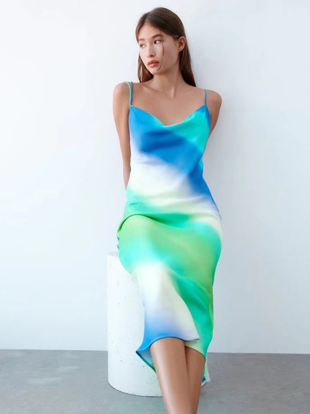 LULU & SKY Tie and Dye Dyed Bodycon Satin Midi Dress