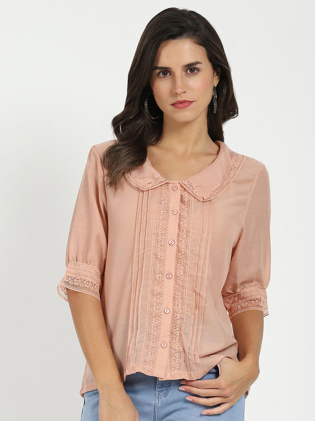 Global Republic Women Relaxed Fit Solid Peter Pan Collar Casual Shirt