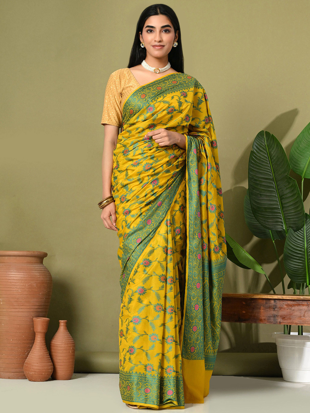 THE WEAVERS SHOP BY RAAVI Woven Design Floral Zari Ready to Wear Banarasi Saree
