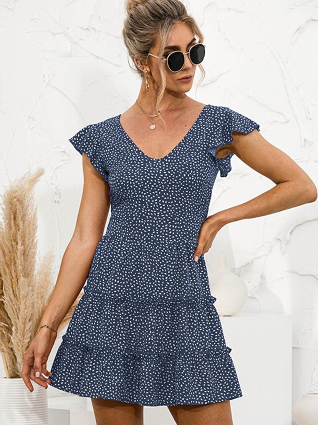 StyleCast x Revolte Geometric Printed Flared Sleeve Ruffled Fit & Flare Mini Dress