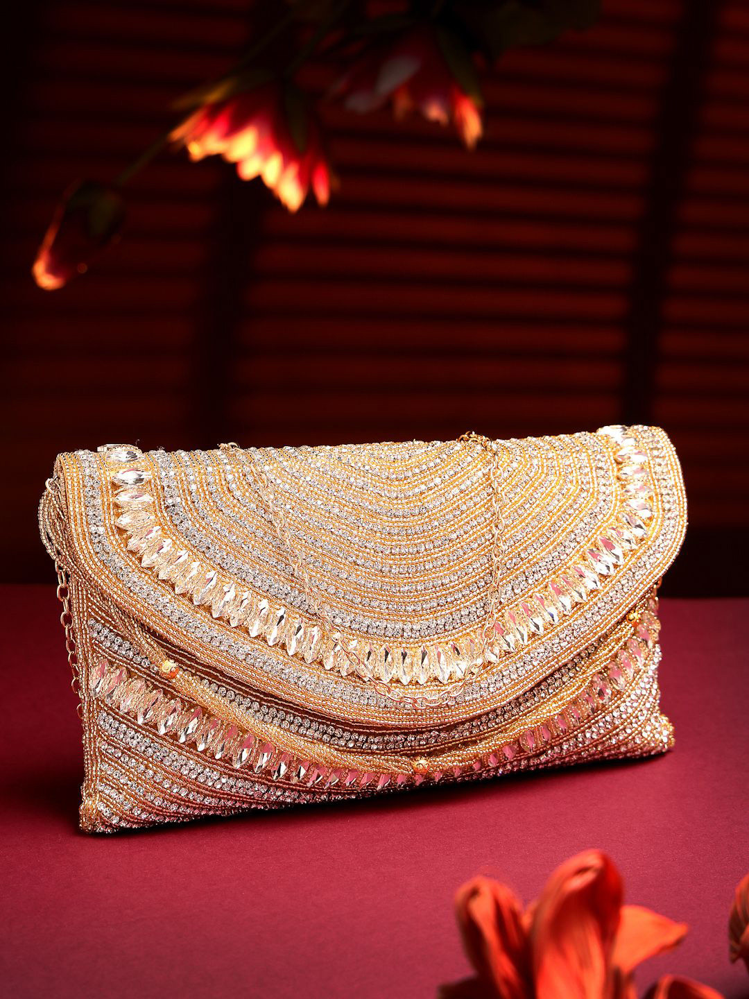 Anekaant Adorn Champagne & Gold Stone Work Embellished Faux Silk Clutch