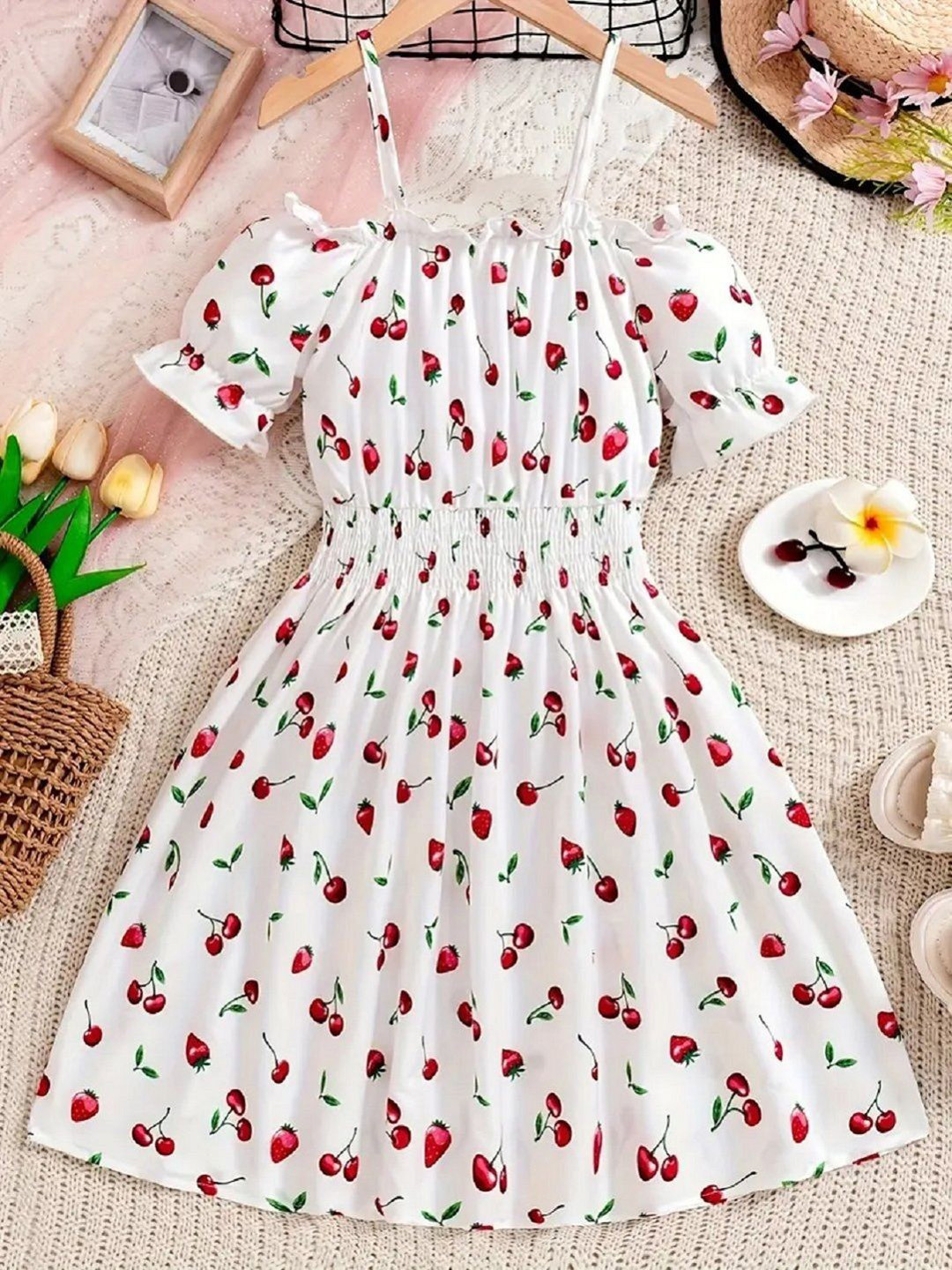 White World Girls Print Puff Sleeve Fit & Flare Dress