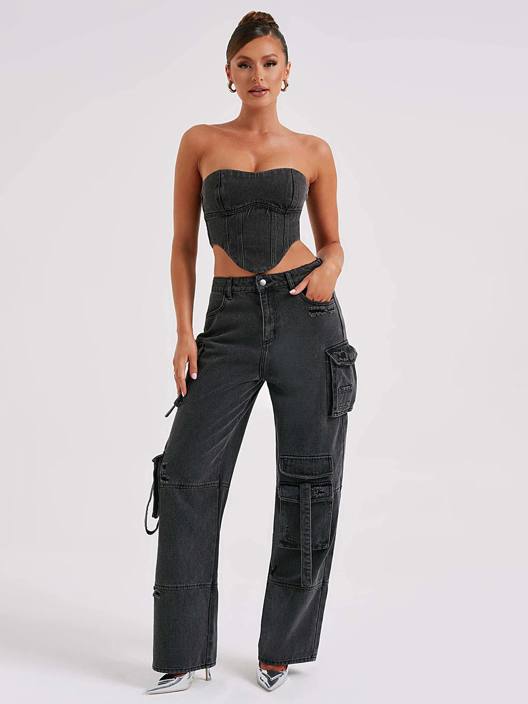 LULU & SKY Black Strapless Sweetheart Neck Crop Top