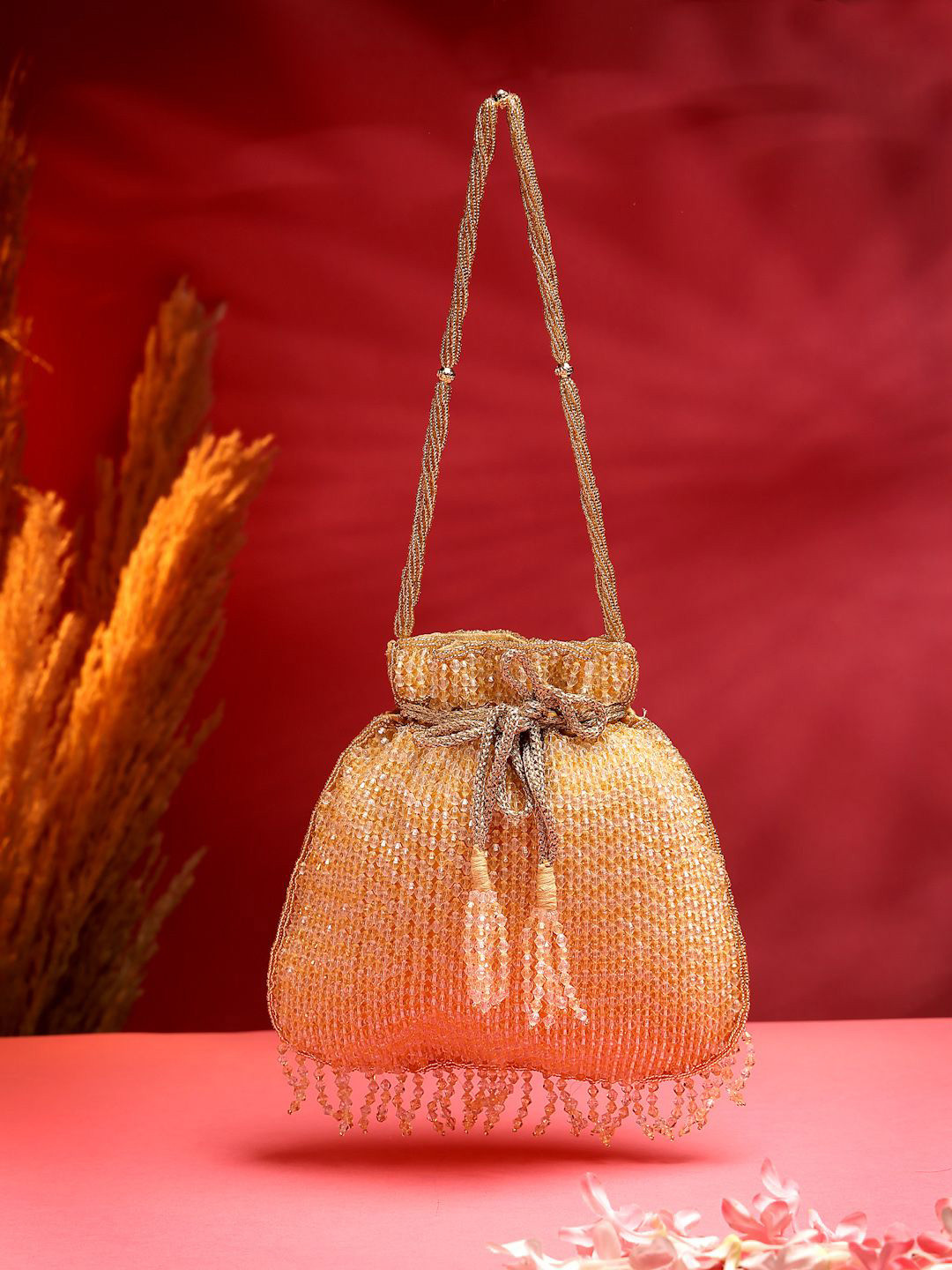 Anekaant Dangle Gold Striped Embellished Faux Silk Potli