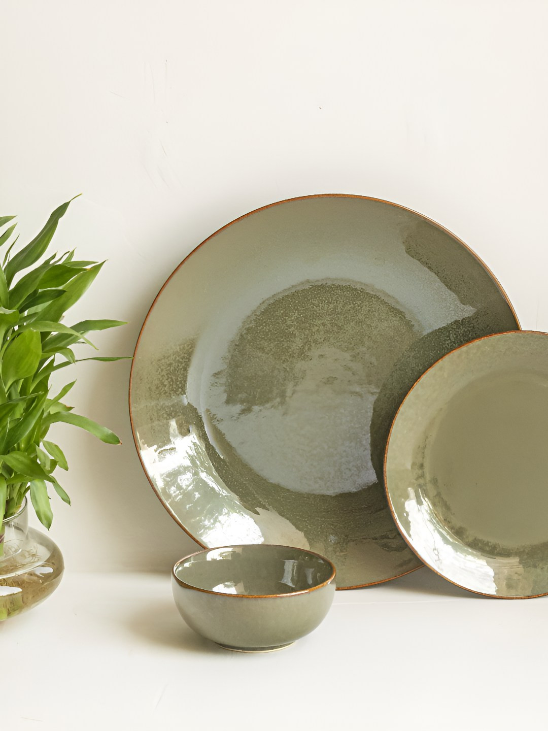 Claymistry Bone Ash-Free Olive Solid Ceramic Microwave Safe 3 Piece Dinner Set