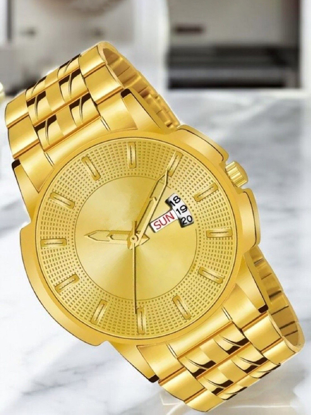 SZN Men Patterned Round Dial & Stainless Steel Straps Analogue Watch DD Full GoldSZN