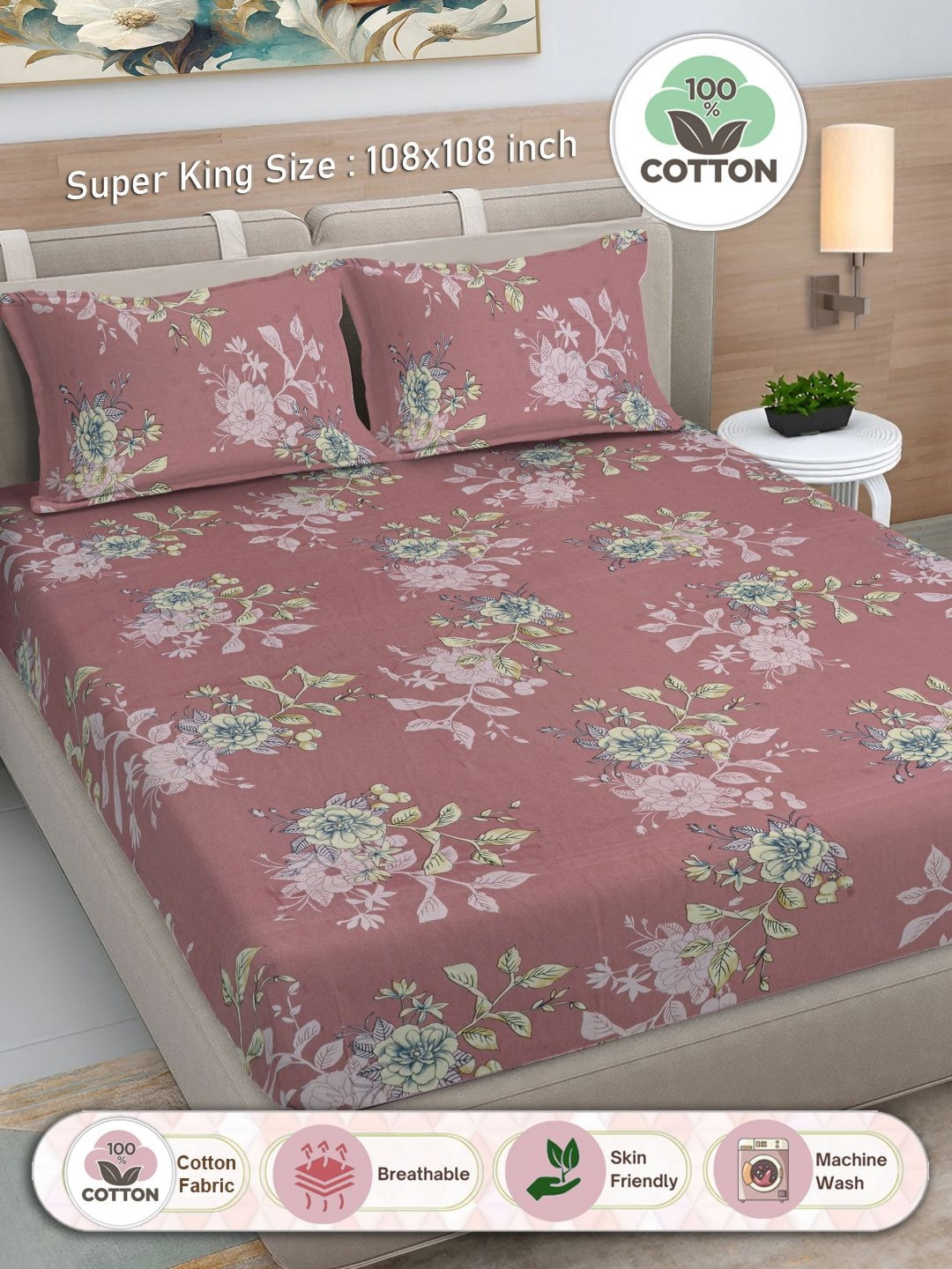 Myntra Elegant Homes Rust Floral Pure Cotton Breathable 300 TC King Fine Bedsheet with 2 Pillow Covers-106 x 106 inches
