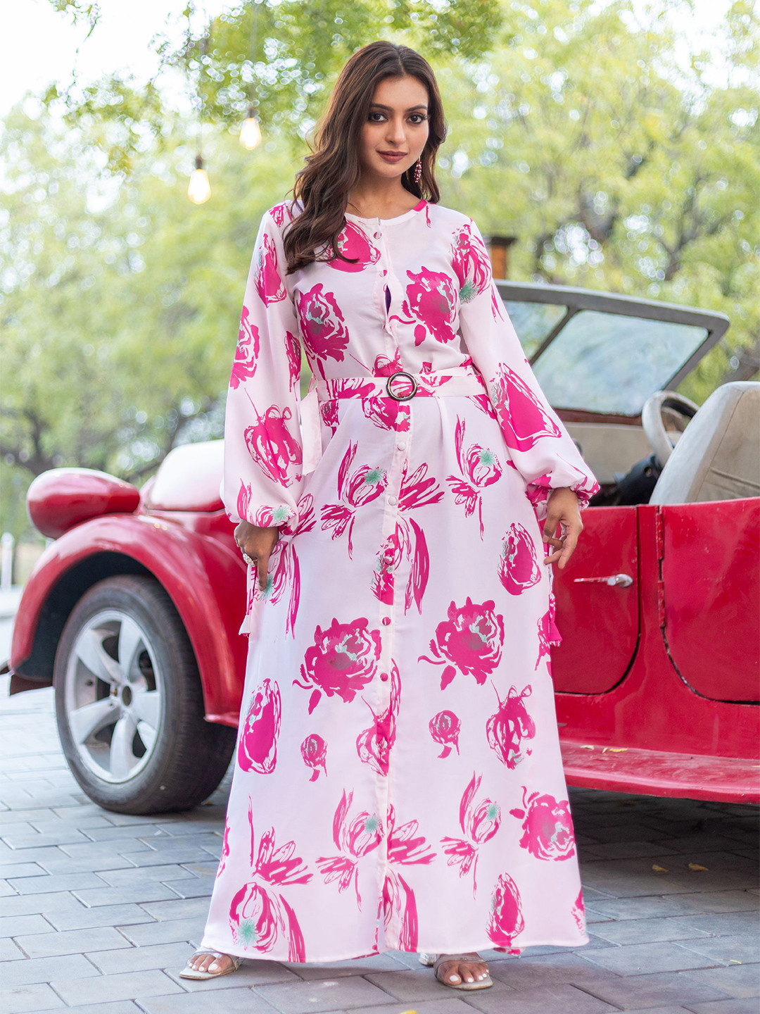 SARINKU Women Floral Printed A-Line Maxi Dress with Belt