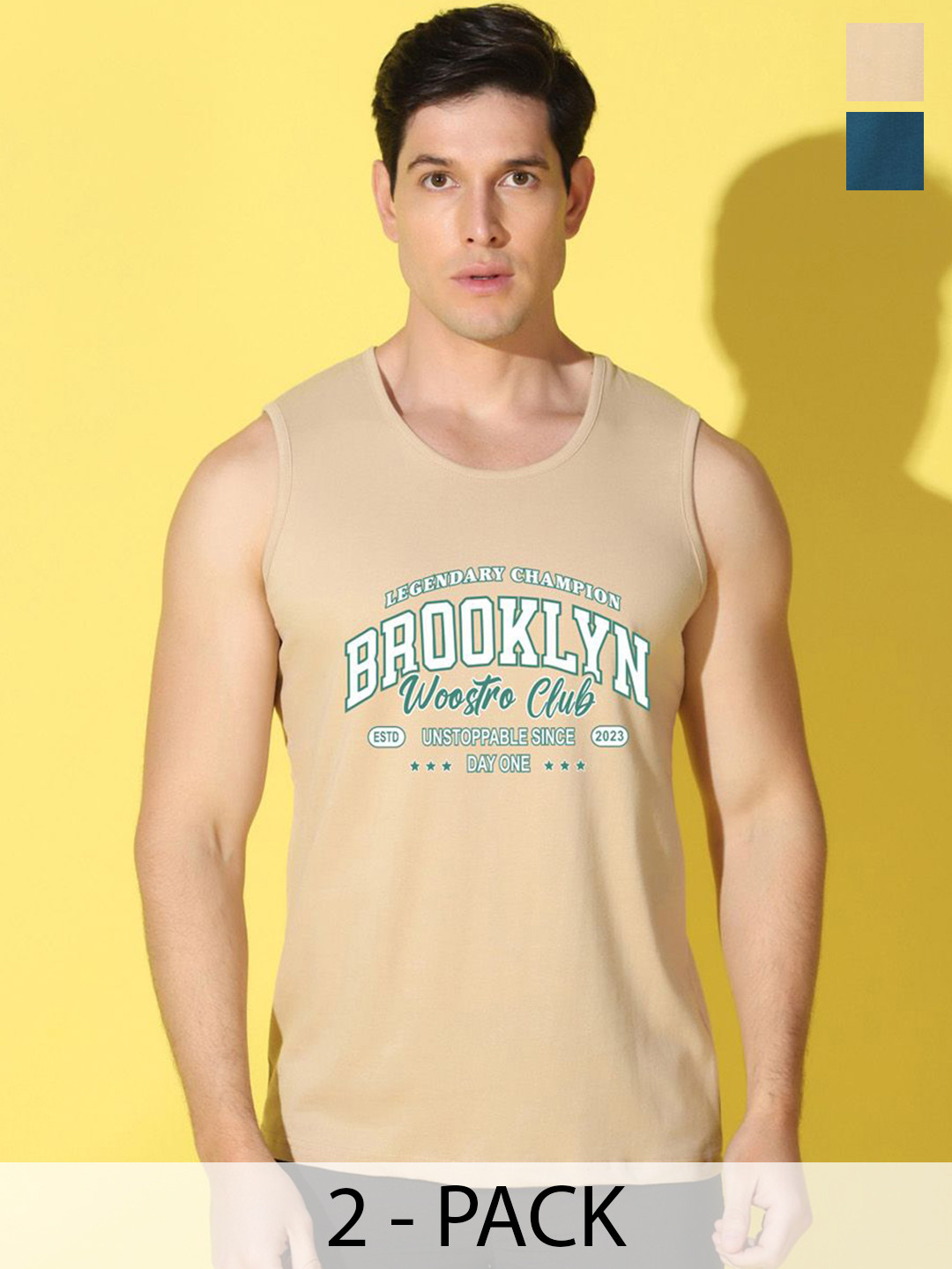 WOOSTRO Pack Of 2 Printed Knitted Gym Vests - VWS26(BKLN RUST)(HARD PEACOCK)