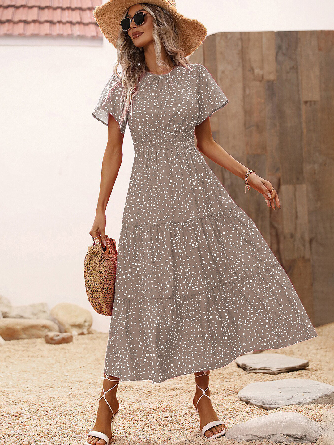 StyleCast Khaki Printed Fit & Flare Midi Dress