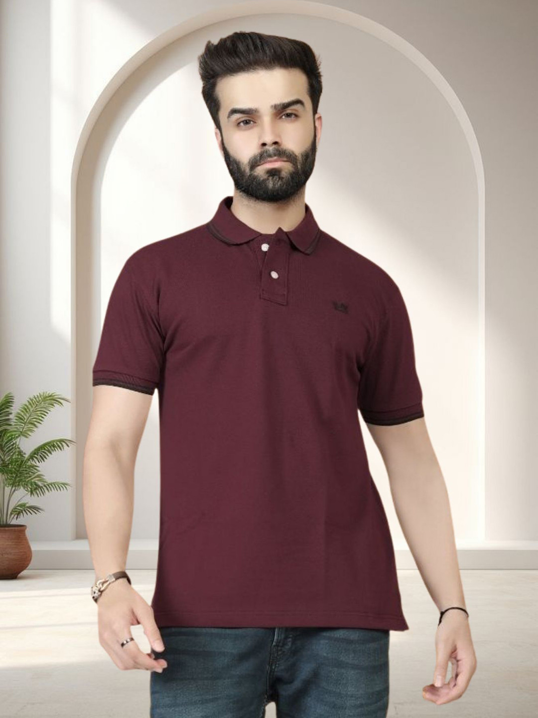 WATAY Brand Logo Printed Polo Collar Pure Cotton T-shirt