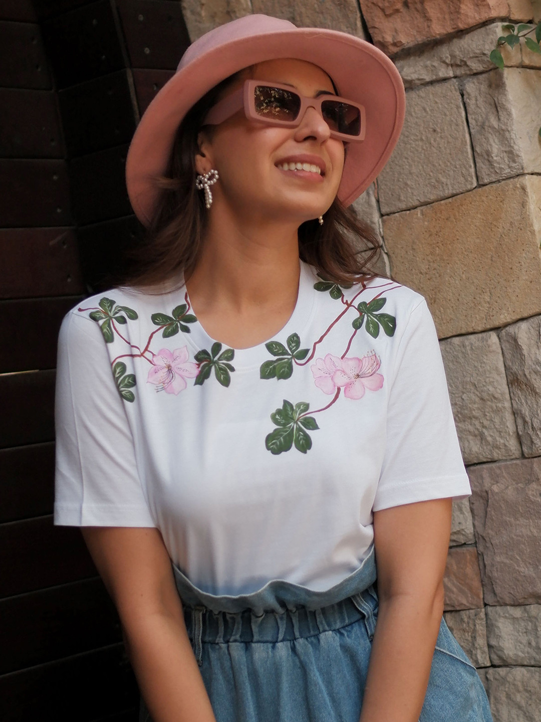 WEAVING CULT Floral Printed Cotton Round Neck Oversized T-shirt