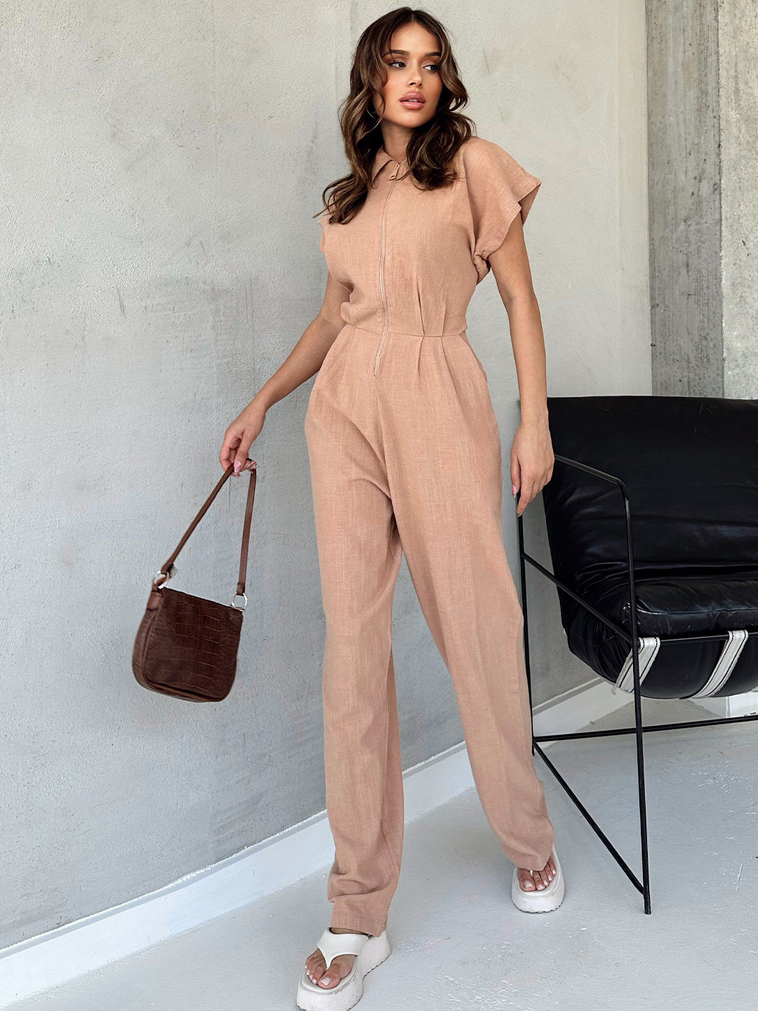 Zwankee Women Beige Zip Basic Jumpsuit
