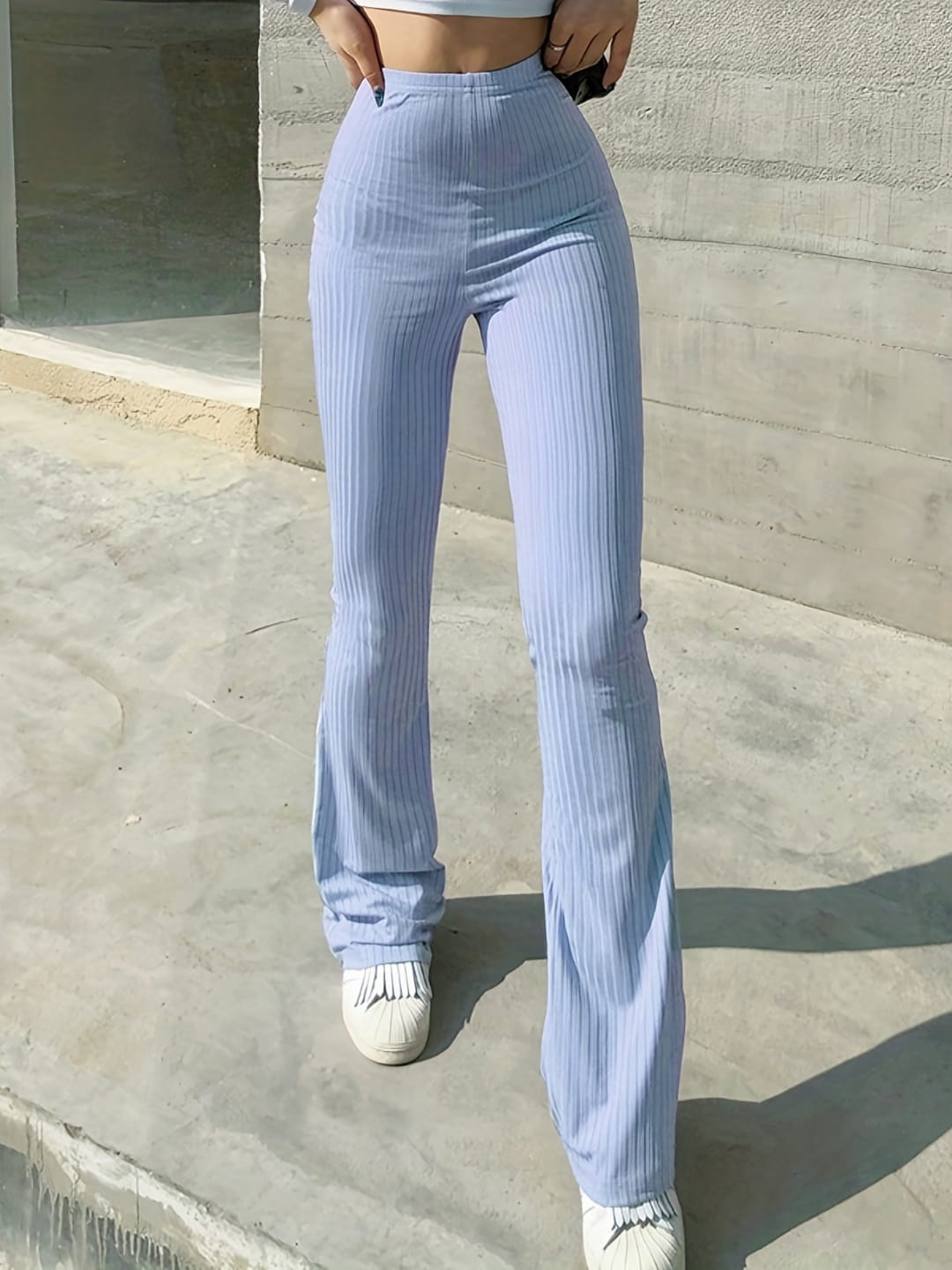 StyleCast Women Blue Flared Ribbed Bootcut Trousers