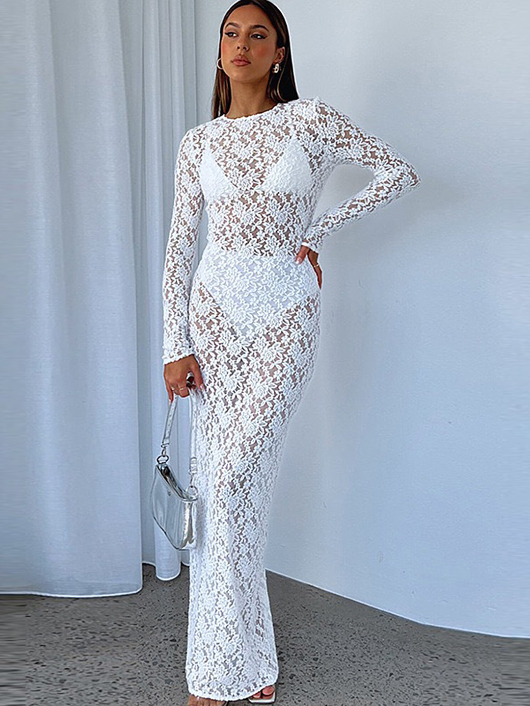 LULU & SKY White Floral Lace Maxi Dress