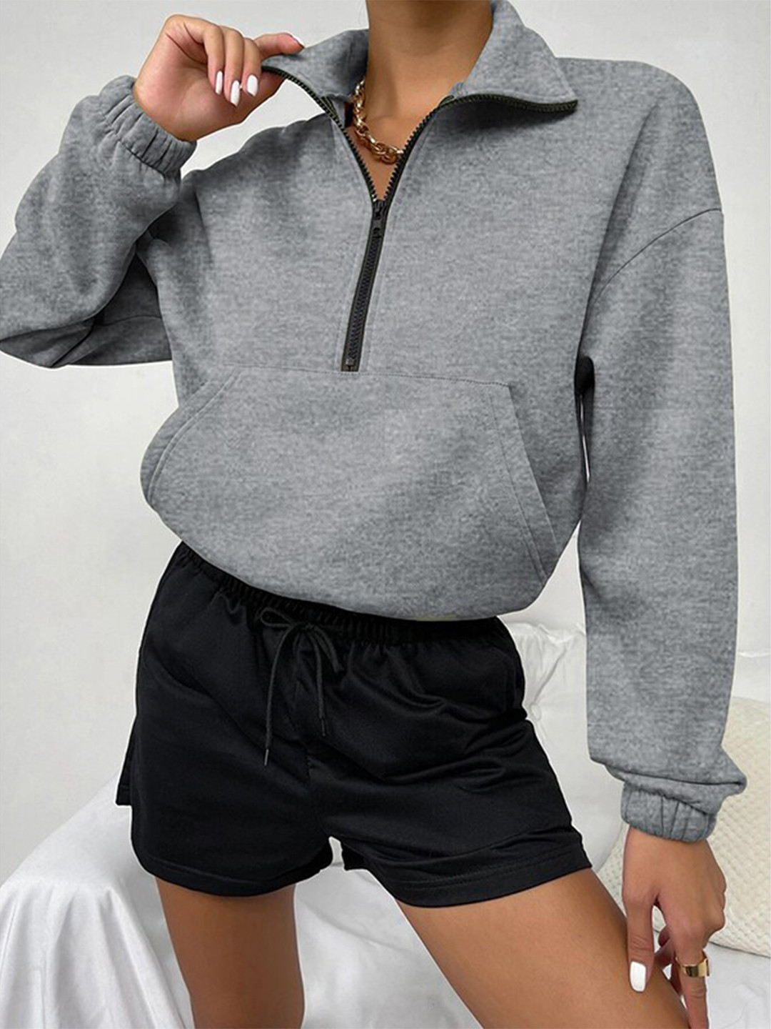 StyleCast Grey Mock Collar Half Zipper Closure Pullover Sweatshirt