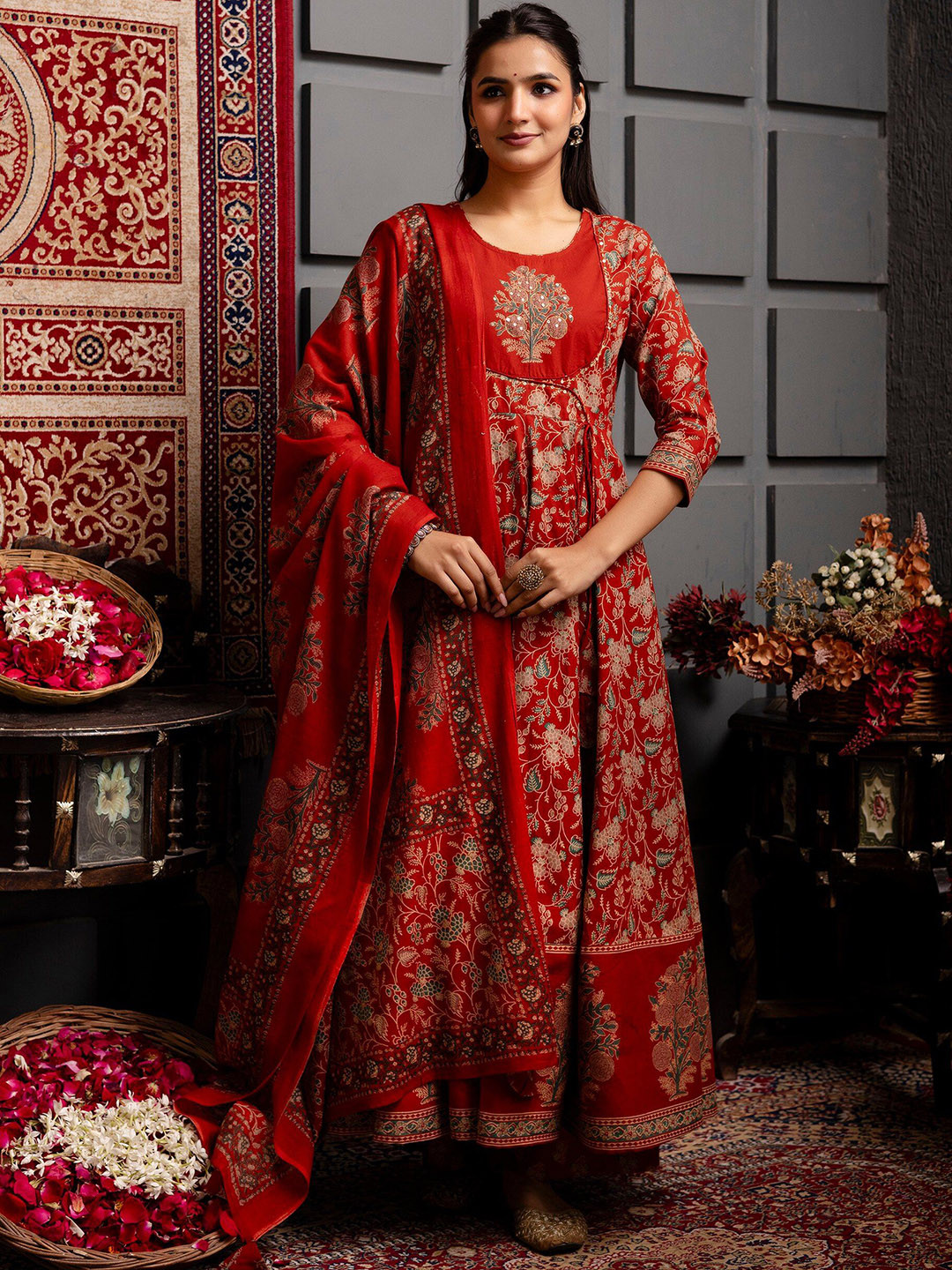 KIMAYRA Women Ethnic Motifs Printed Cotton Anarkali Kurta with Trousers & Dupatta