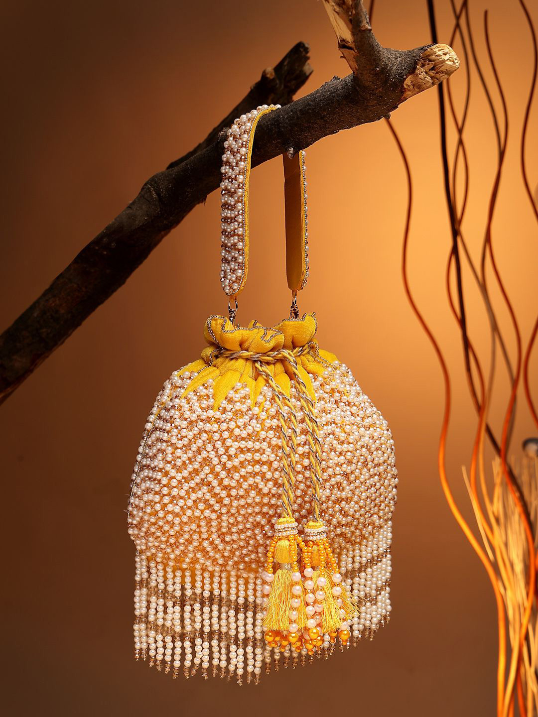 Anekaant Droop Honey Yellow & Pearl Chevron Embellished Velvet Potli