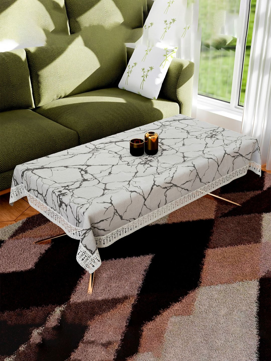 Myntra Elegant Homes Grey & White Marble Printed 4-Seater Cotton Center Table Cover