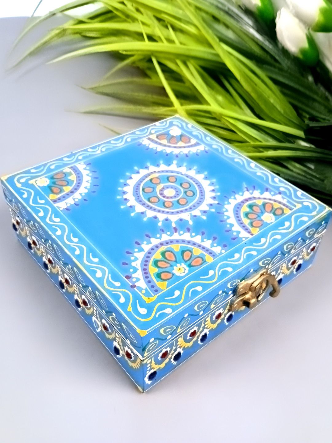 apka mart Blue & White Printed Decorative Wooden Jewelry Box