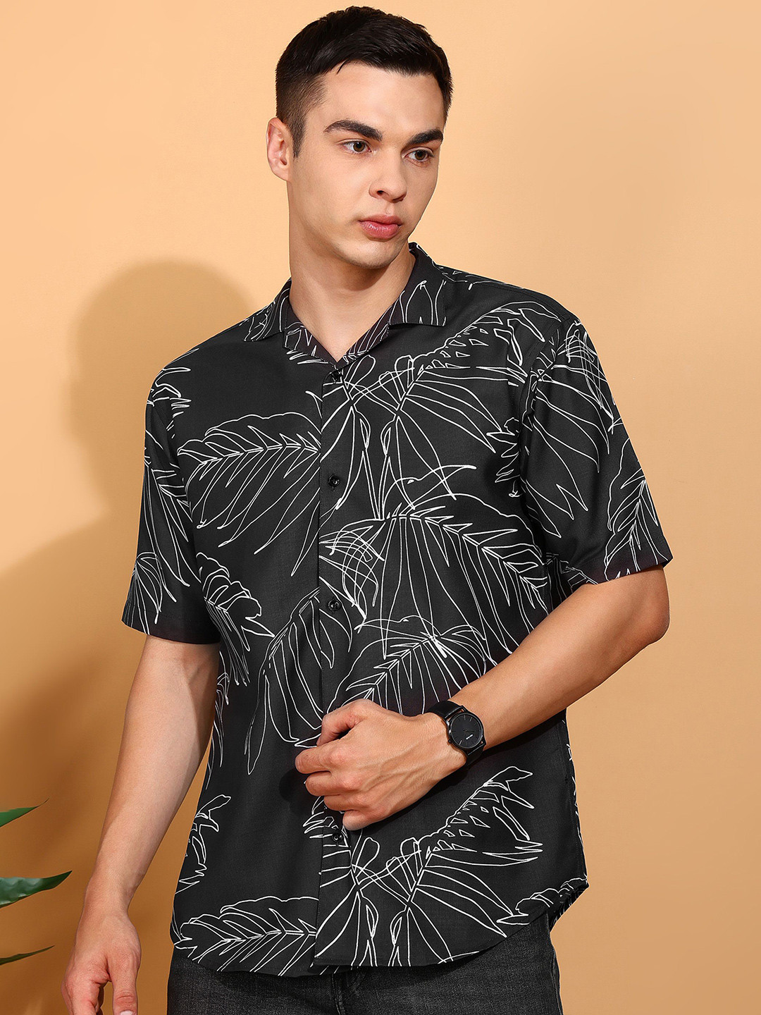 BROWN BROTHERS Floral Printed Short Sleeves Cotton Canvas Shirt